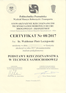 Certyfikat ukończenia studium podyplomowego Podstawy rzeczoznawstwa w technice samochodowej